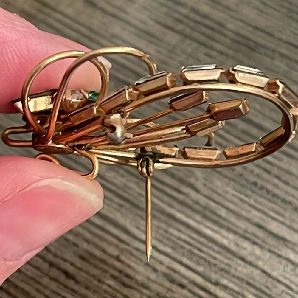 Vintage Ralph Scudieri D'ERI Signed 12K Gold Filled Crystal Brooch Clear & Green